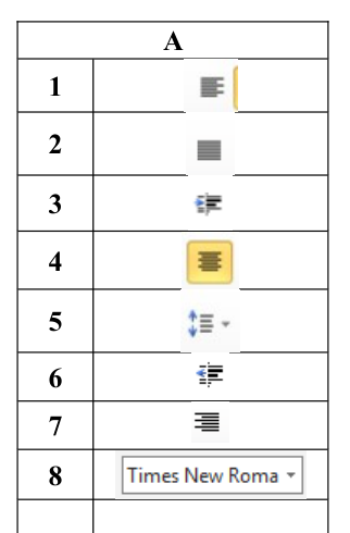 Cột A: tám nút lệnh Word đánh số từ 1 đến 8