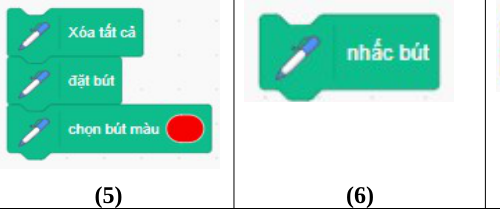 Khối5:xóa tất cả/đặt bút/chọn bút màuđỏ;khối6:nhấc bút.