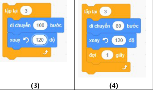 Khối3:lặp3/di chuyển100/quay120; khối4:lặp3/di chuyển60/quay120/đợi1giây.