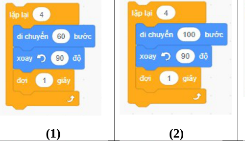Khối1:lặp4/di chuyển60/quay90/đợi1giây; khối2:lặp4/di chuyển100/quay90/đợi1giây.