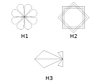 Ba hình H1–H3 đủ đường viền:hoa tám cánh,các hình vuông và hình cá.