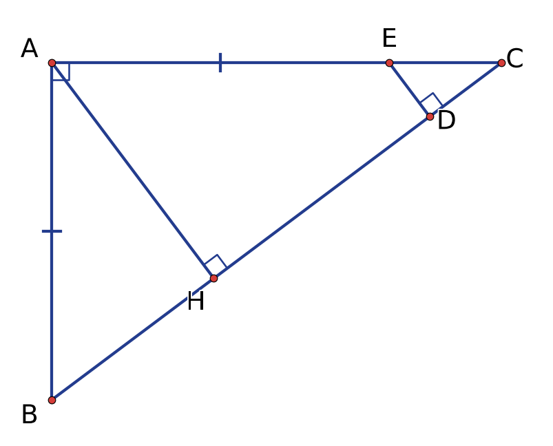 Tam giác ABC vuông tại A, AH vuông góc BC; E thuộc AC, AE=AB; D thuộc BC, ED vuông góc BC nên ED song song AH