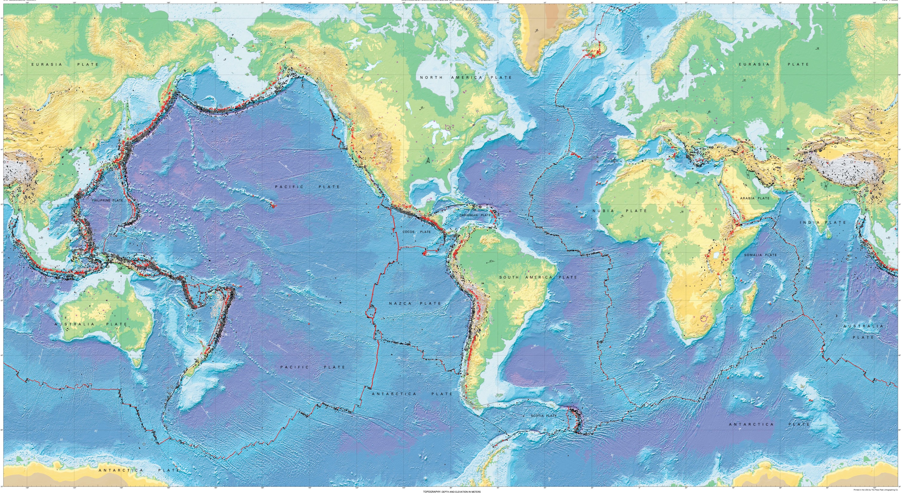 Bản đồ địa chất thế giới USGS phát hành năm 2006, cho thấy động đất và núi lửa tập trung dọc nhiều rìa mảng, nổi bật quanh Thái Bình Dương.