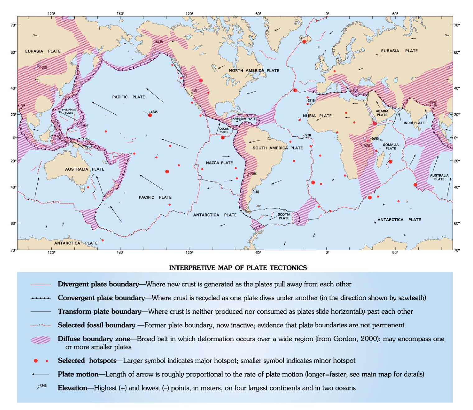 Sơ đồ mảng kiến tạo và chú giải nguyên bản USGS 2006; đối chiếu ranh giới với bản đồ phân bố, chấm đỏ ở sơ đồ này là điểm nóng.