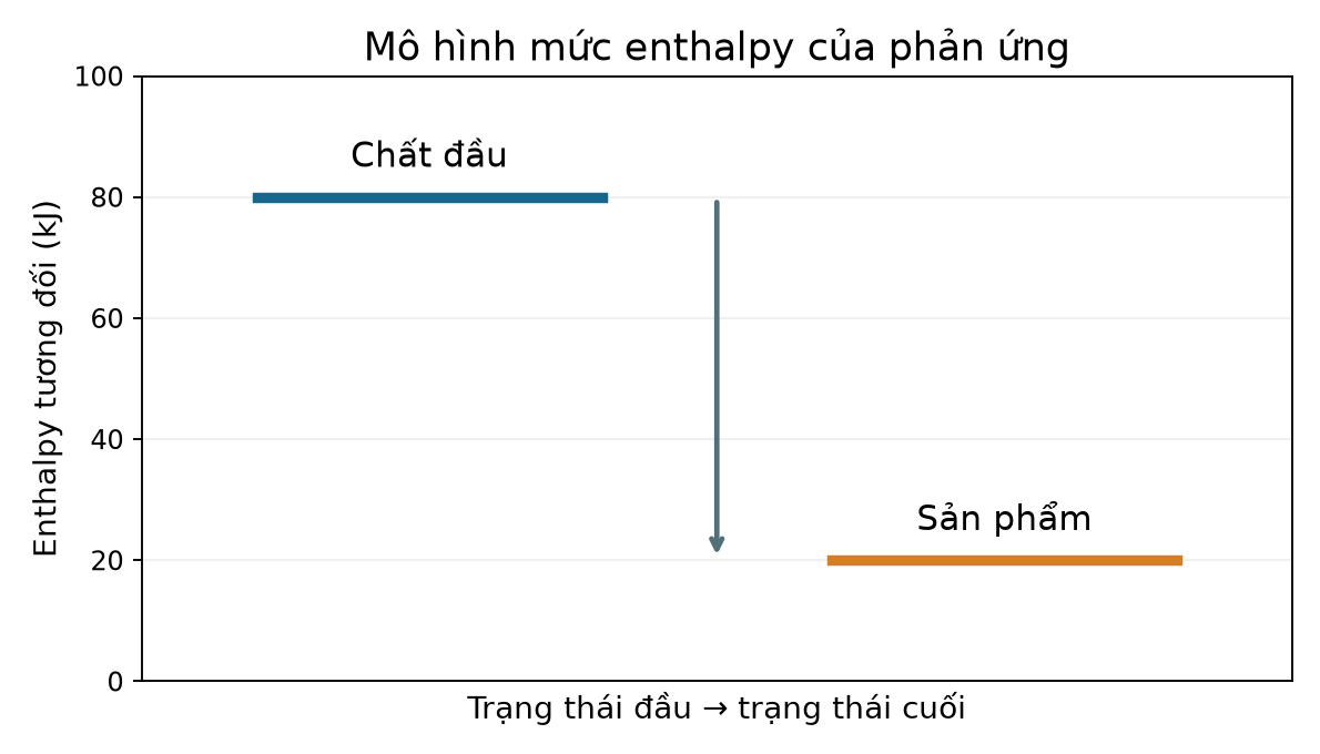 Mức enthalpy tương đối chất đầu 80 kJ và sản phẩm 20 kJ, chênh lệch −60 kJ; không biểu diễn thời gian.