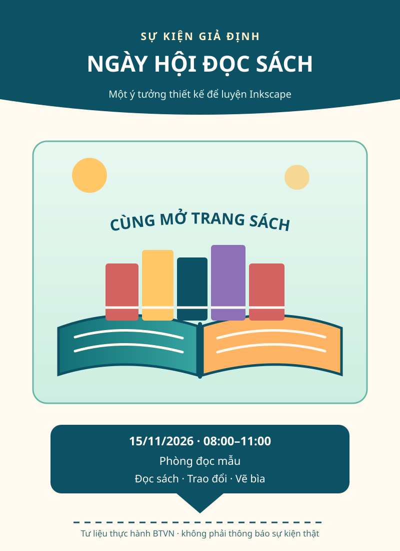 Tờ rơi giả định có dòng Cùng mở trang sách uốn theo vòm trên hình sách.