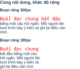 Cùng đoạn văn ở hai độ rộng: phần được xem là dòng đầu và tô đỏ thay đổi theo cách ngắt dòng.