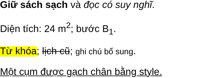 Kết quả trình duyệt của đoạn mã mẫu: nhấn mạnh, chỉ số, đánh dấu và gạch chân.