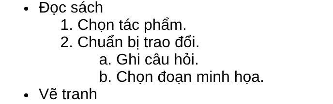 Danh sách ba mức: hai nhóm ngoài, hai việc đọc sách và hai ý chuẩn bị trao đổi.