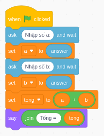 Các khối Scratch tính tổng: hỏi và lưu a, hỏi và lưu b, đặt tong bằng a + b rồi thông báo