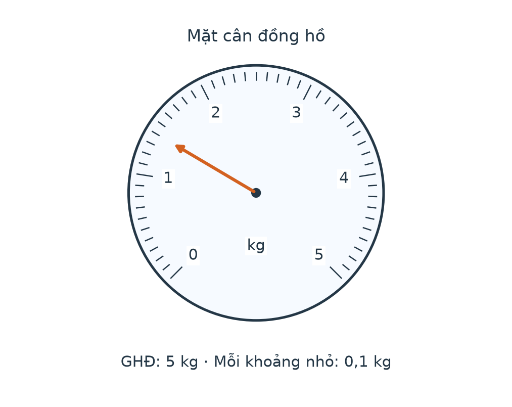 Mặt cân đồng hồ từ 0 đến 5 kg; mỗi khoảng nhỏ 0,1 kg; kim chỉ 1,4 kg.