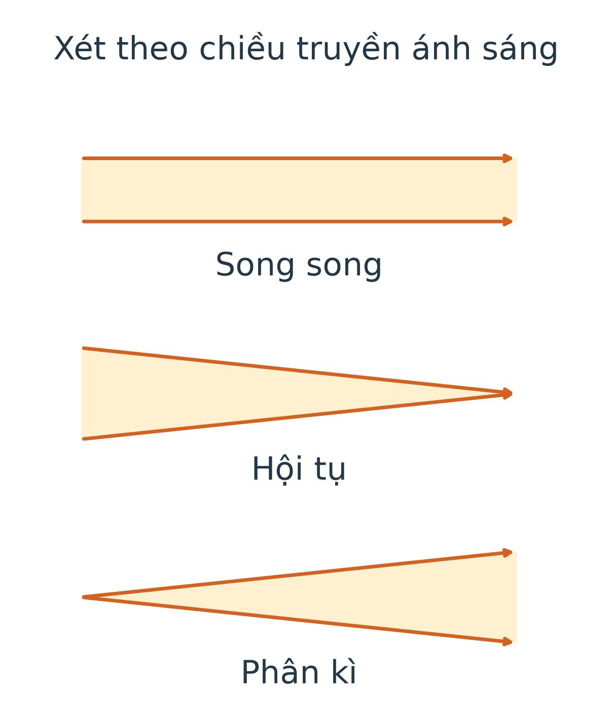 Ba chùm truyền từ trái sang phải: song song có hai đường cách đều; hội tụ hẹp dần tới điểm gặp; phân kì mở rộng dần. Từng đường đều có mũi tên.