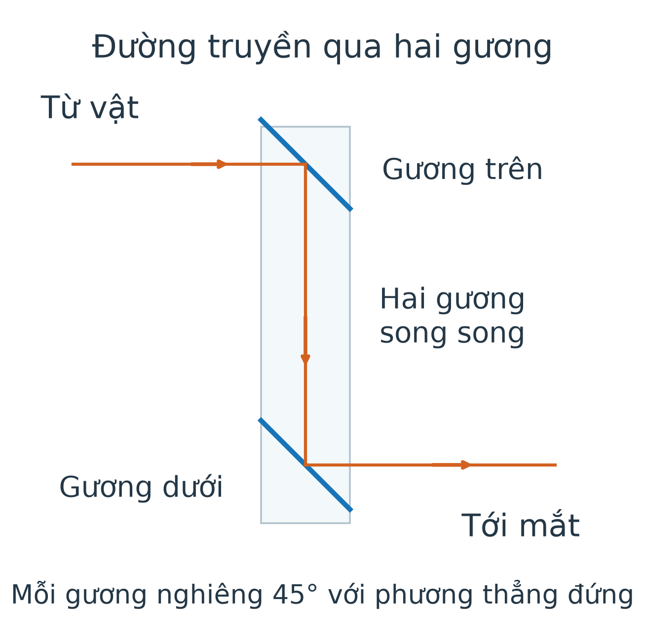 Ánh sáng từ vật ở trên trái truyền ngang sang gương trên nghiêng45°, đổi hướng xuống dọc ống, gặp gương dưới song song rồi đi ngang sang mắt ở dưới phải. Ba đoạn đều có mũi tên đúng thứ tự.