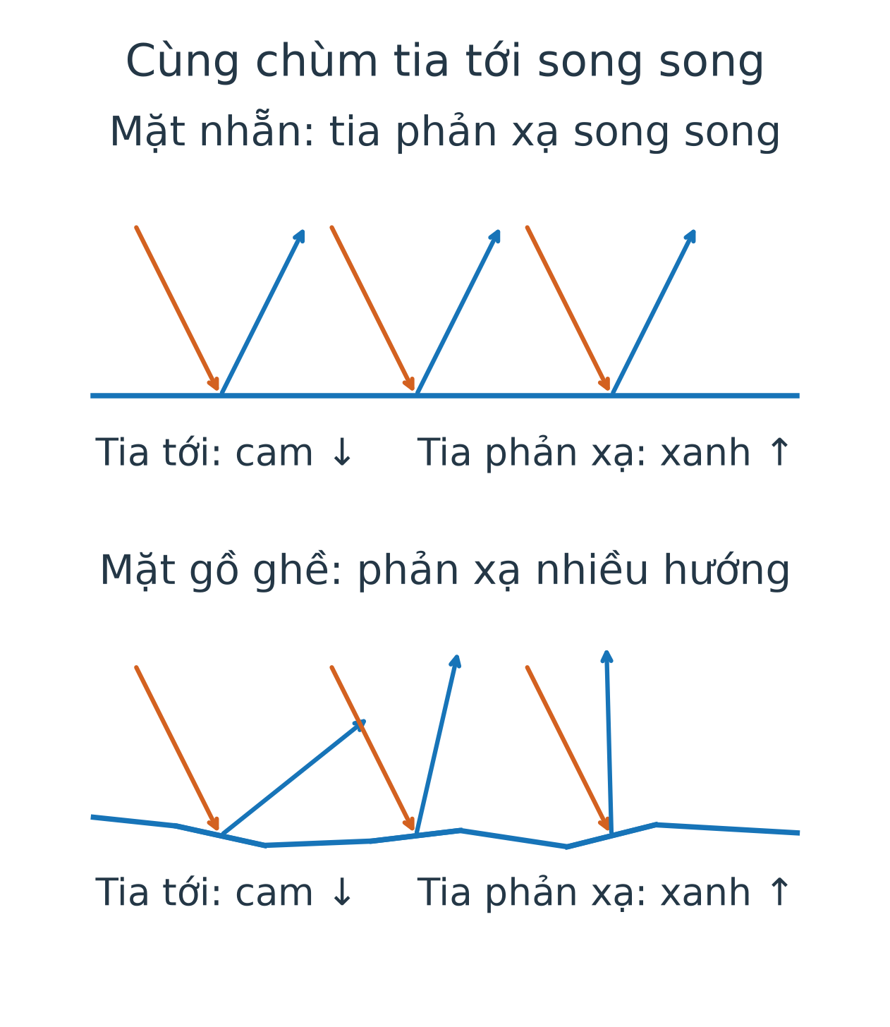 Hai hình tia tới song song hướng xuống. Mặt phẳng ở hình trên cho tia phản xạ song song; mặt gồ ghề ở hình dưới cho các tia phản xạ khác hướng, tương ứng từng mặt nhỏ.