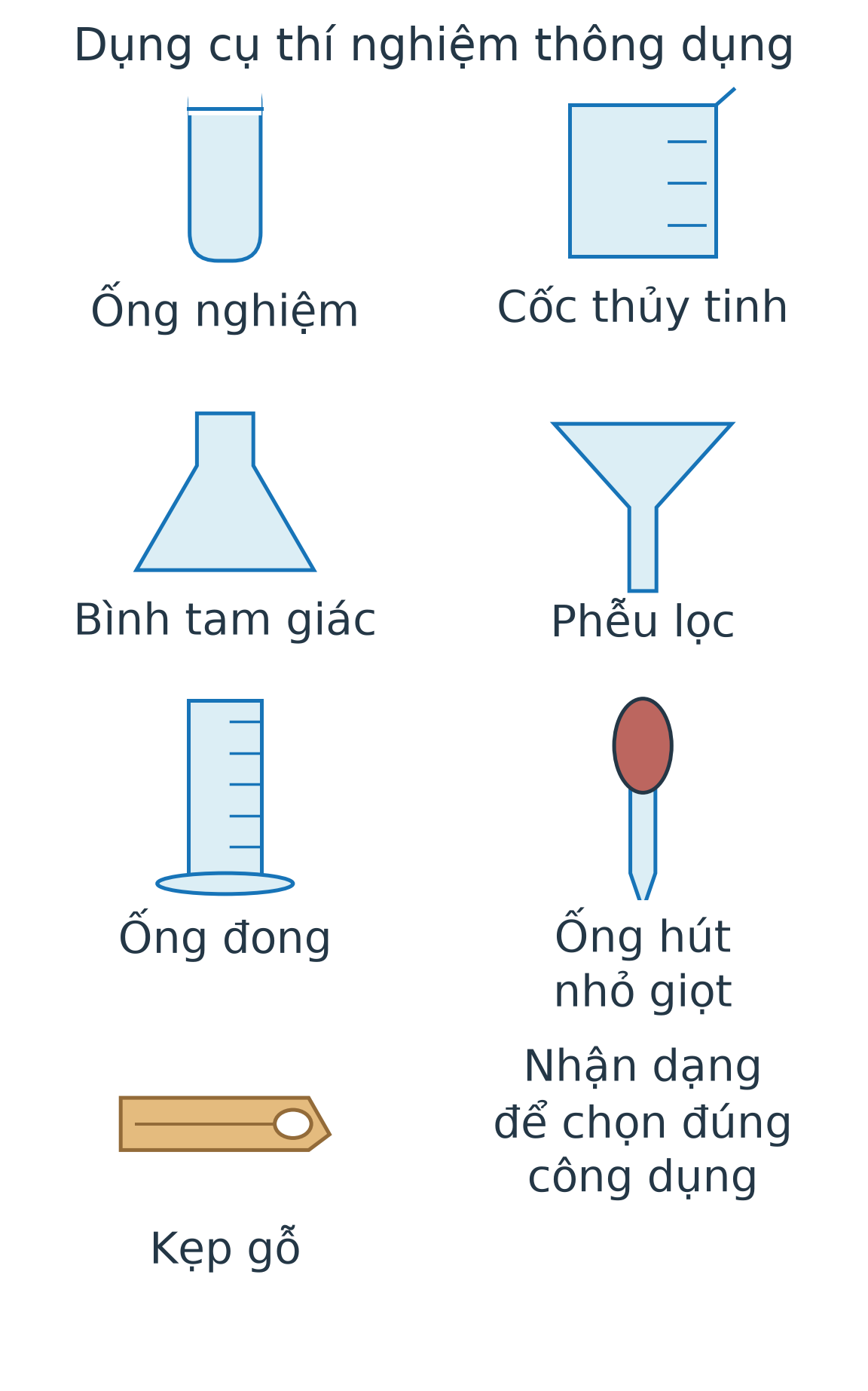 Bảy dụng cụ có nhãn: ống nghiệm, cốc thủy tinh, bình tam giác, phễu lọc, ống đong, ống hút nhỏ giọt và kẹp gỗ.