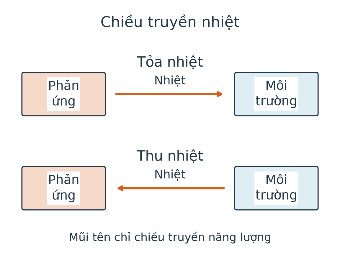 Hai sơ đồ chiều truyền nhiệt: tỏa nhiệt từ phản ứng ra môi trường; thu nhiệt từ môi trường vào phản ứng.