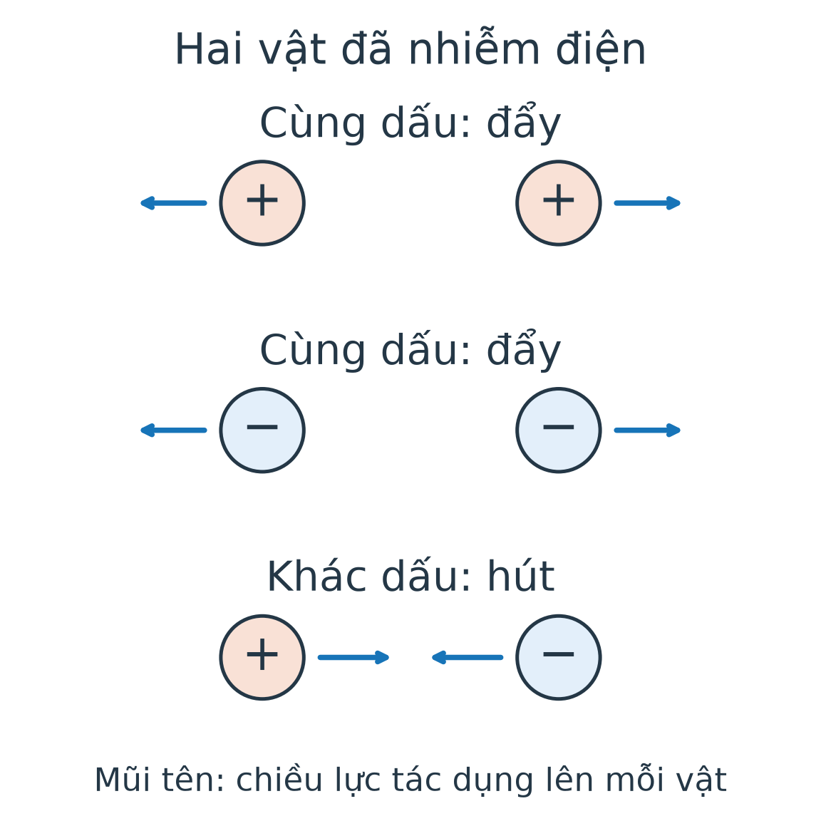 Ba cặp vật: hai dấu dương đẩy nhau, hai dấu âm đẩy nhau, hai dấu khác nhau hút nhau.