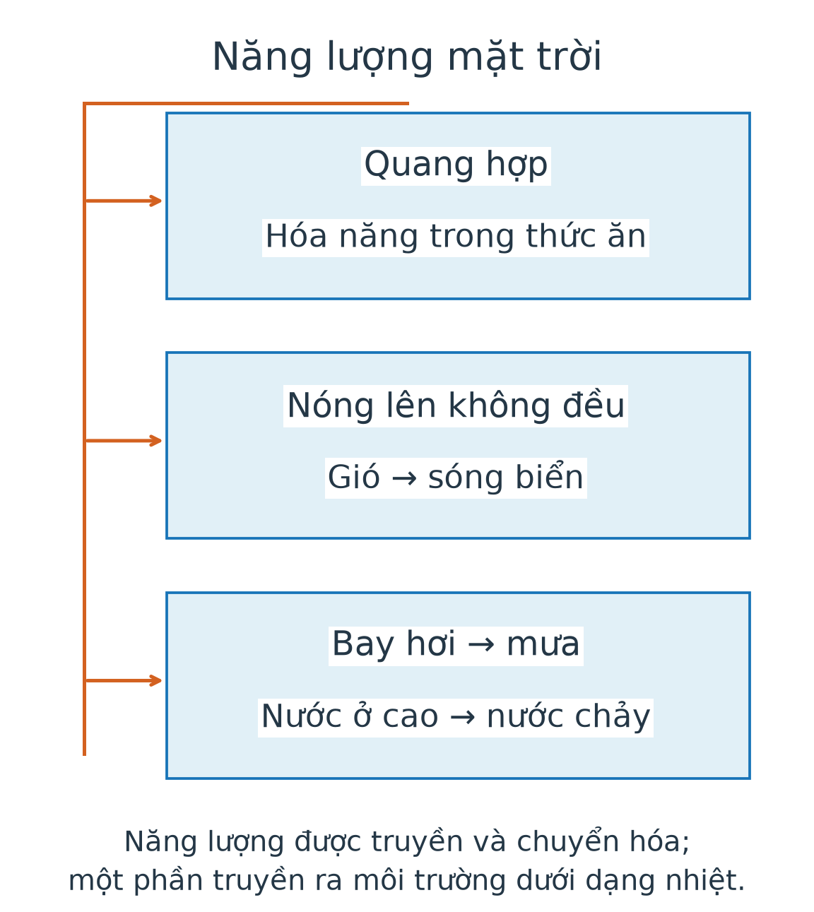 Ba con đường từ năng lượng mặt trời: qua quang hợp đến thức ăn; qua sự nóng lên không đều đến gió và sóng; qua bay hơi và mưa đến nước chảy.