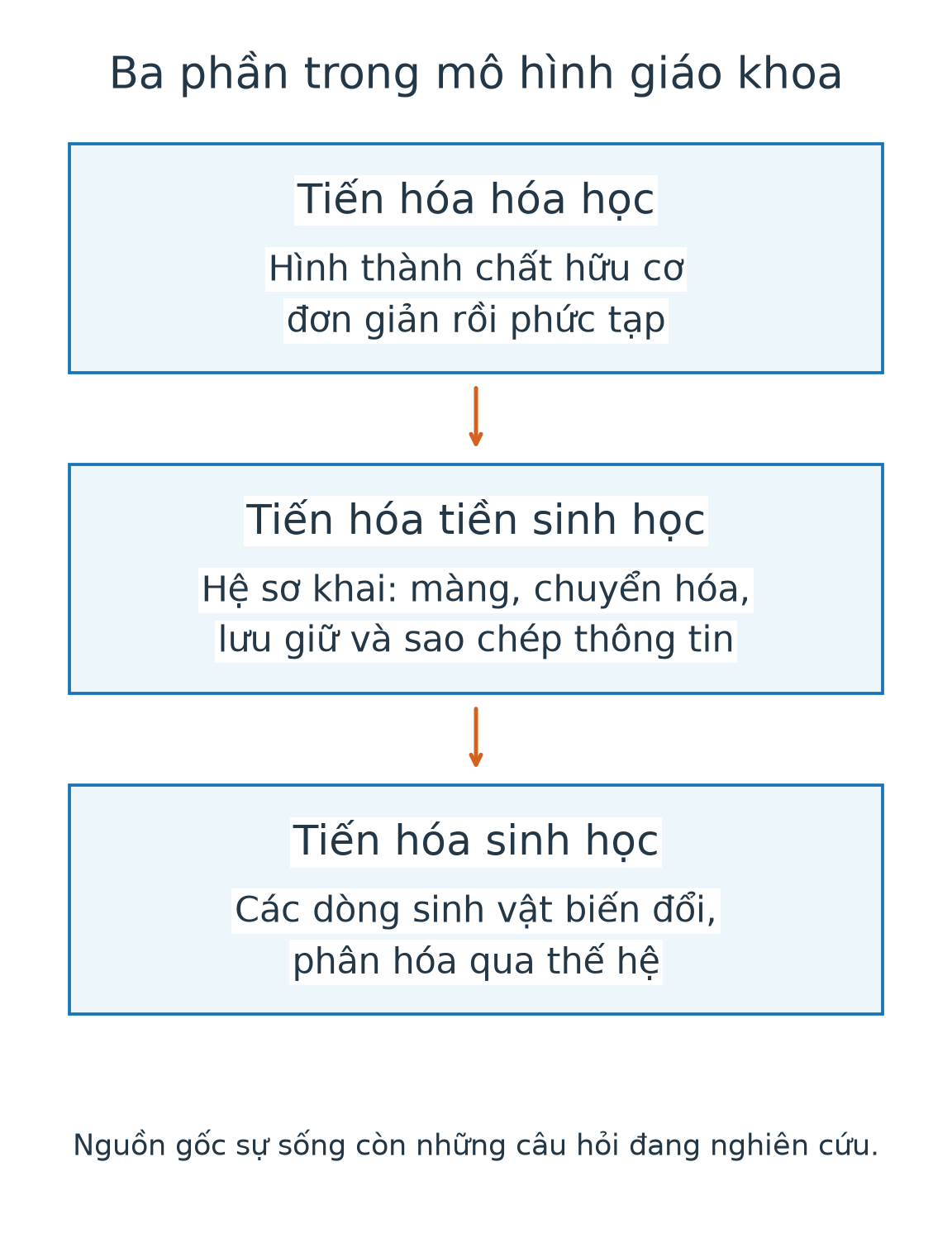 Ba phần trong mô hình giáo khoa: tiến hóa hóa học, tiền sinh học và sinh học.