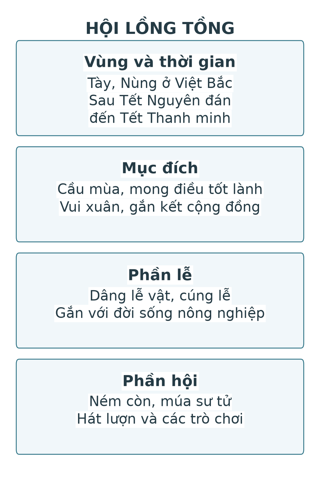Bốn nhóm thông tin về hội lồng tồng: vùng và thời gian, mục đích, phần lễ, phần hội.