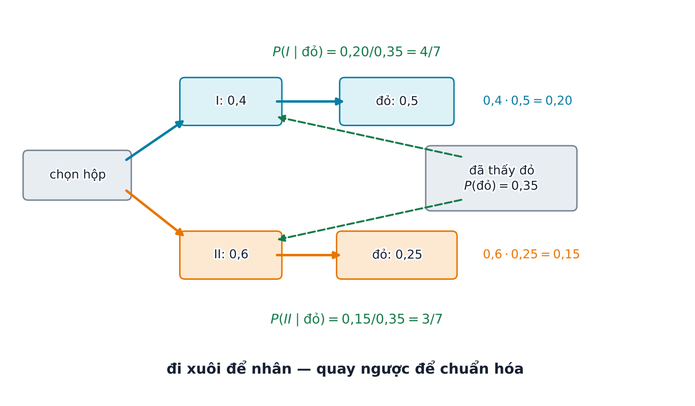 Cây chọn hộp I hoặc II rồi rút đỏ; hai đường đỏ có xác suất 0 phẩy 20 và 0 phẩy 15, chuẩn hóa thành xác suất hộp I bằng 4 phần 7.
