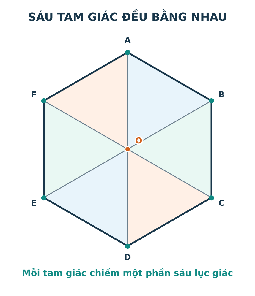 Lục giác đều ABCDEF được chia từ tâm O thành sáu tam giác đều bằng nhau