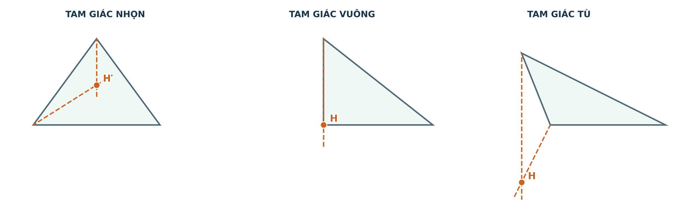 Vị trí trực tâm H trong tam giác nhọn tại đỉnh góc vuông và ngoài tam giác tù
