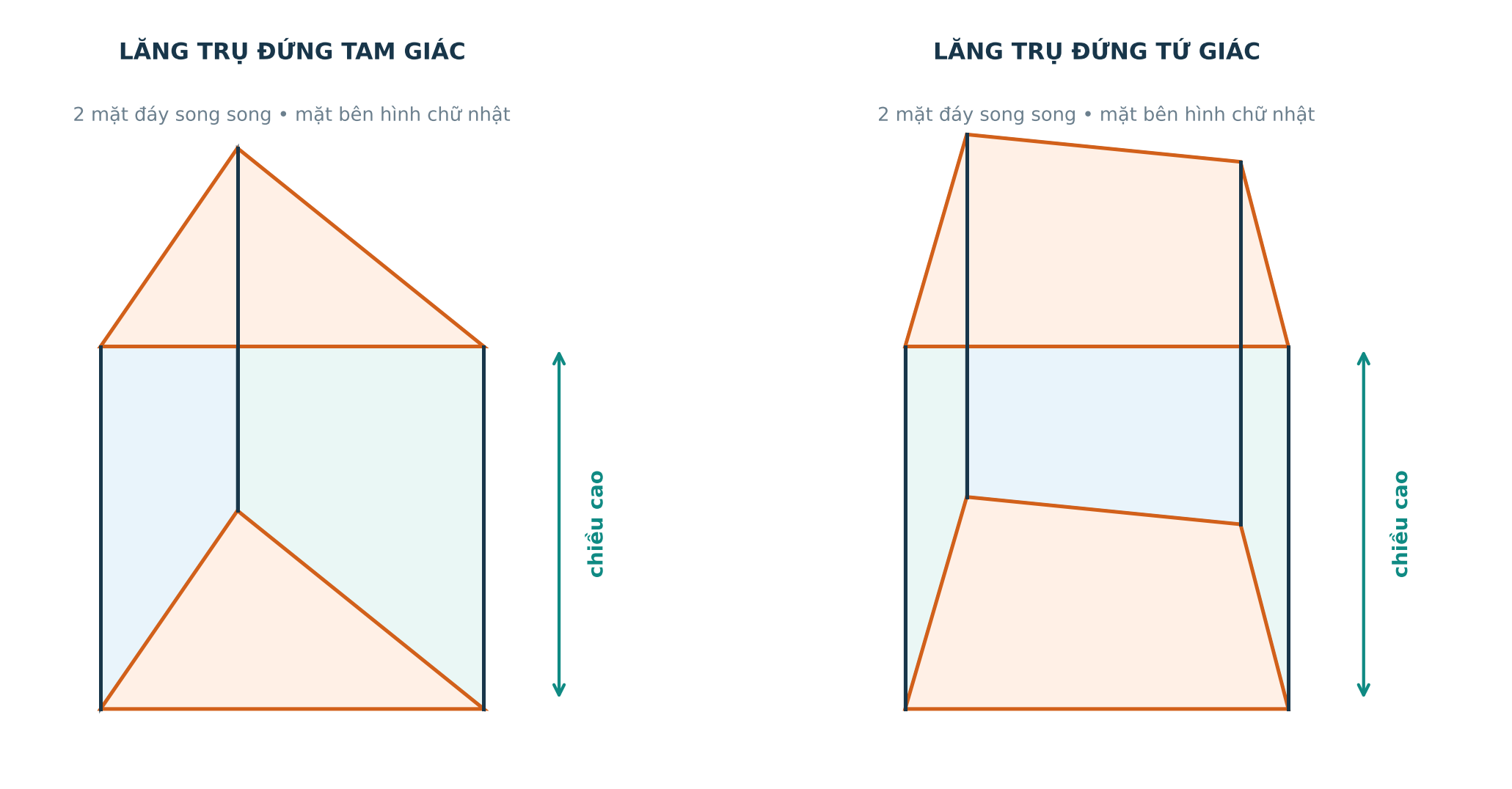 Lăng trụ đứng tam giác và tứ giác với mặt đáy mặt bên cạnh đáy cạnh bên và chiều cao