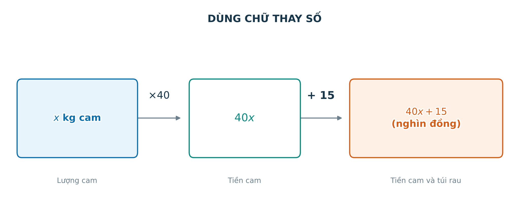 Sơ đồ từ đại lượng chưa biết đến biểu thức đại số và kết quả