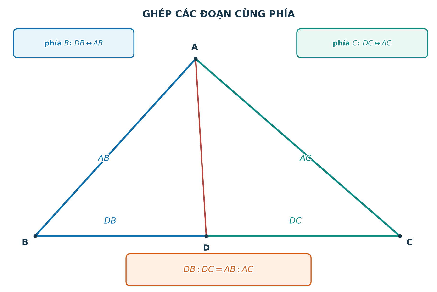 Ghép đoạn DB với cạnh AB và đoạn DC với cạnh AC