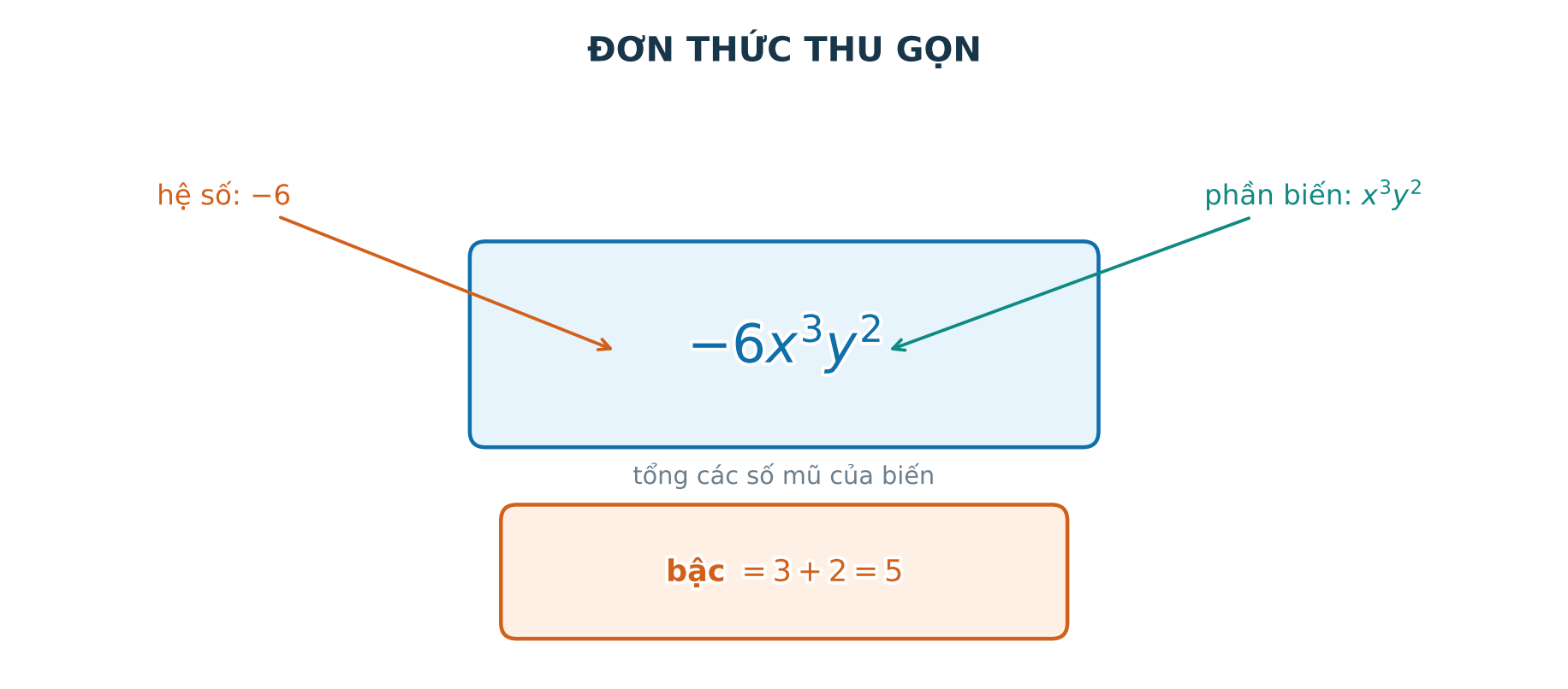 Hình phân tích hệ số, phần biến và bậc của đơn thức âm sáu x mũ ba y mũ hai