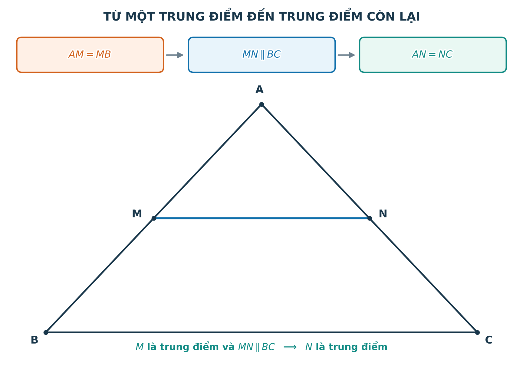 Đường qua trung điểm M và song song BC đi qua trung điểm N của AC