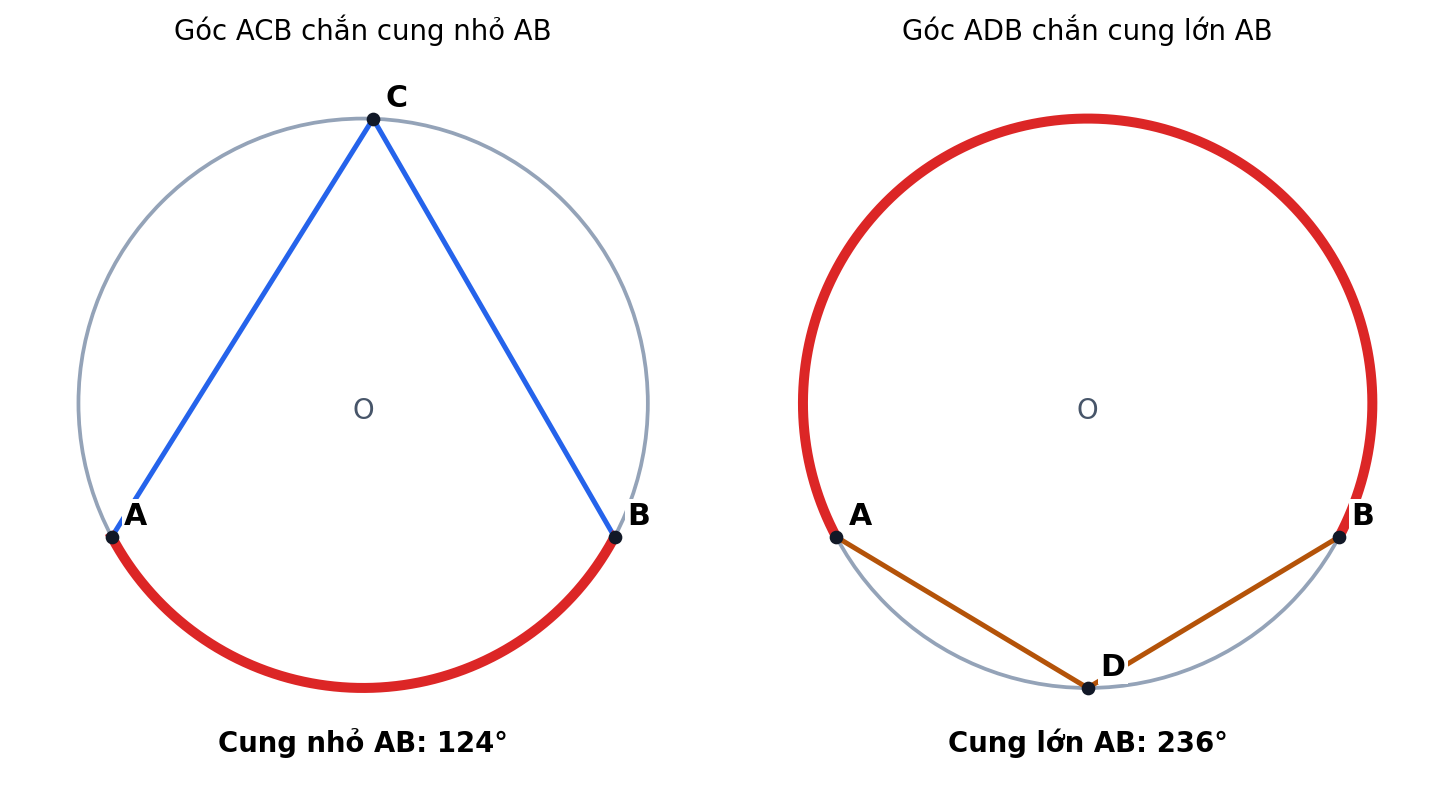 Đỉnh C chắn cung nhỏ 124°; đỉnh D chắn cung lớn 236°.