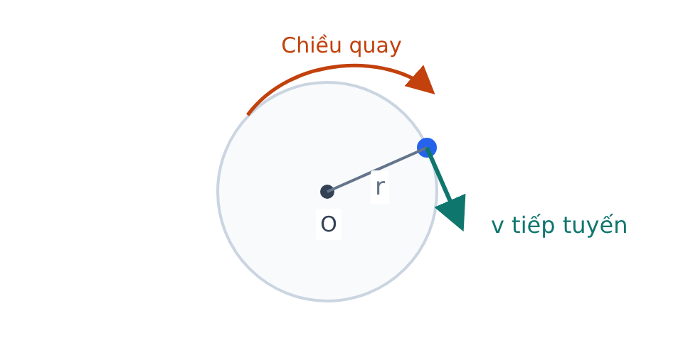 Vật ở một điểm trên đường tròn; bán kính nối tâm với vật, vận tốc tiếp tuyến.